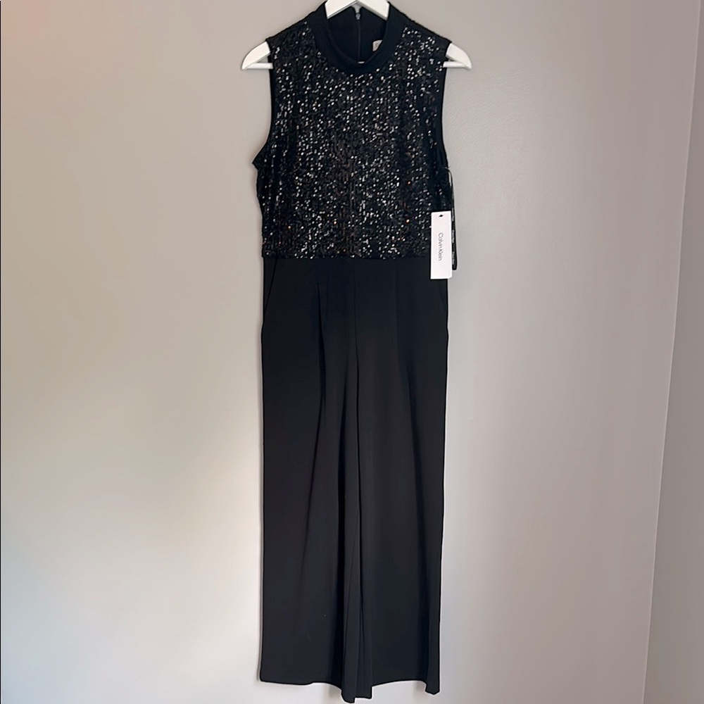 Calvin Klein Mock Neck Sleeveless Sequin Jumpsuit